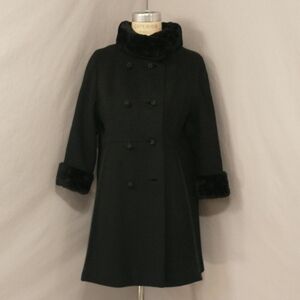 60s Vintage Mini Coat Classy Black Wool w   Black Fur Trim High Collar Warm SeeM